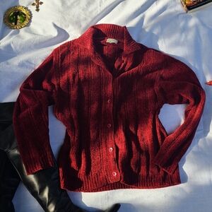 Chunky Burgundy Red Knit Oversized Comfy Button Up Collared Cardigan
